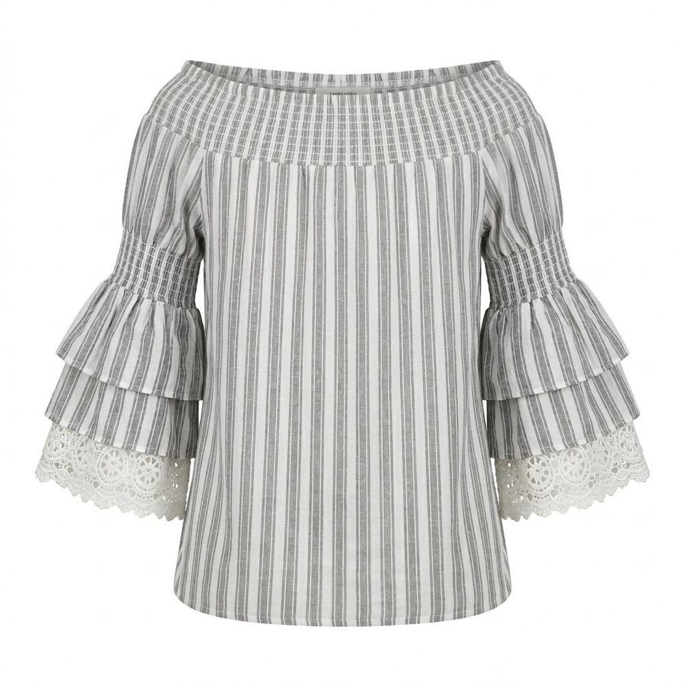 VaVa by Joy Han Womens Large Gray White Striped Off Shoulder Tiered Lace Top